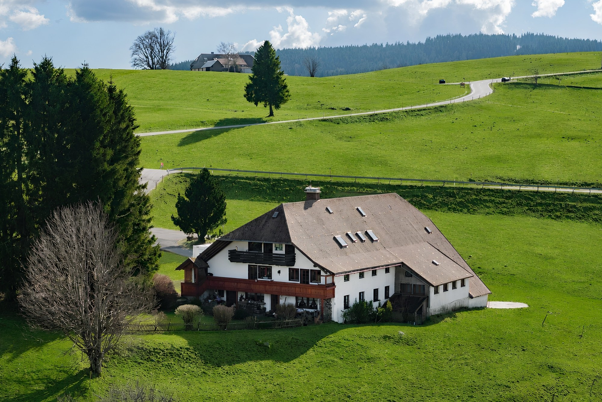 The ReesL holiday house with its wooden balcony, alone in the meadow below the wooded ridge
